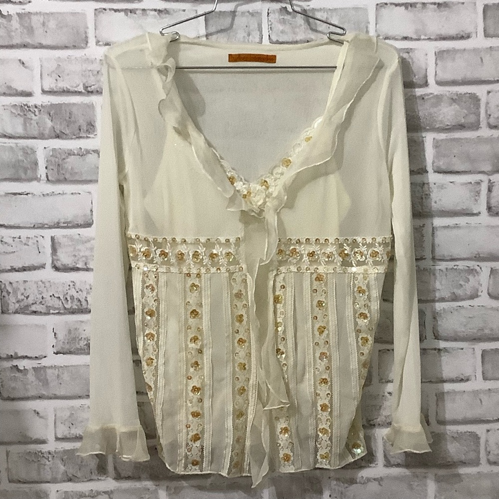 Women's Cream Embellished Sheer Blouse - Floral Sequin Detail